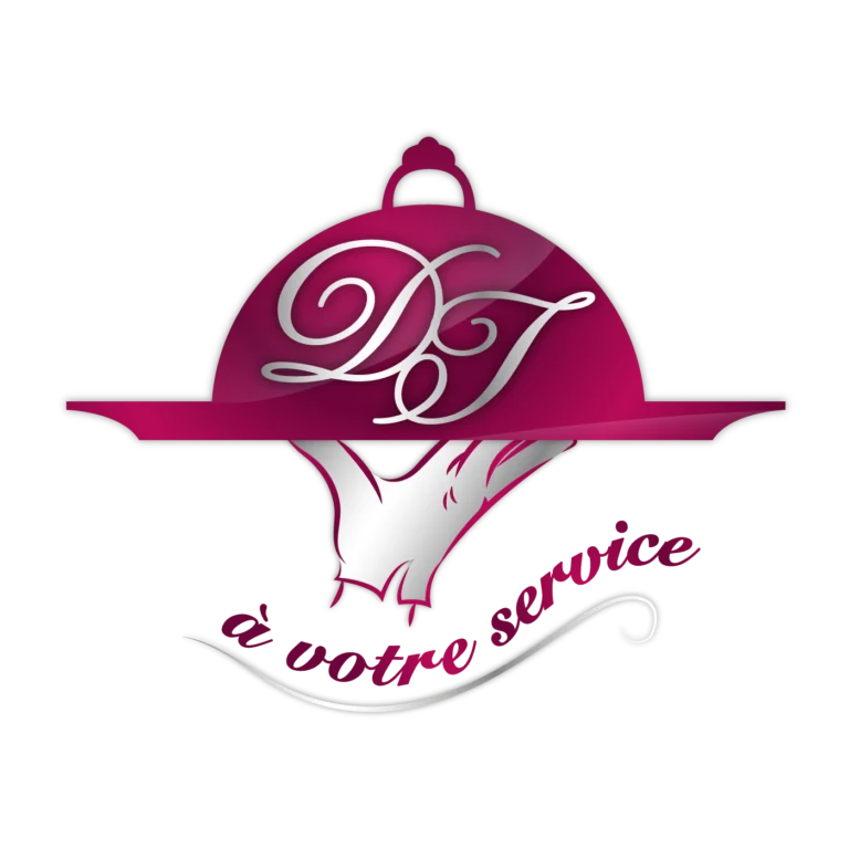 logo complet de D'Aléo Traiteur - Régusse ( Var )- une main tenant une cloche de traiteur sur laquelle sont inscrites les initiales DT. dessous il y a le slogan de l'entreprise : à votre service